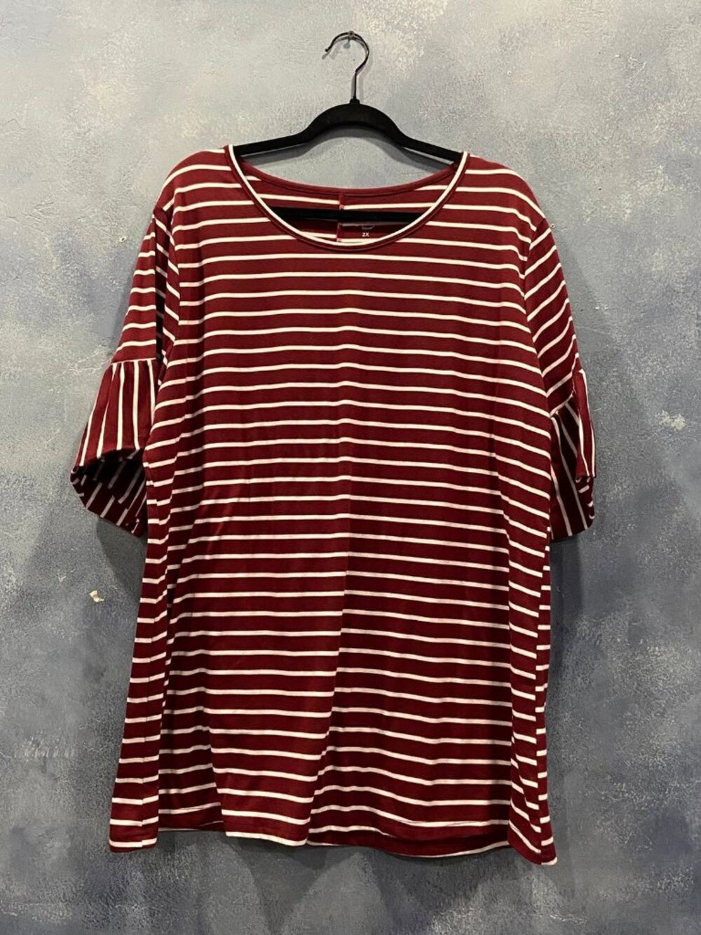 TICKLED TEAL Burgundy Blouse with White Stripes, Size 2X